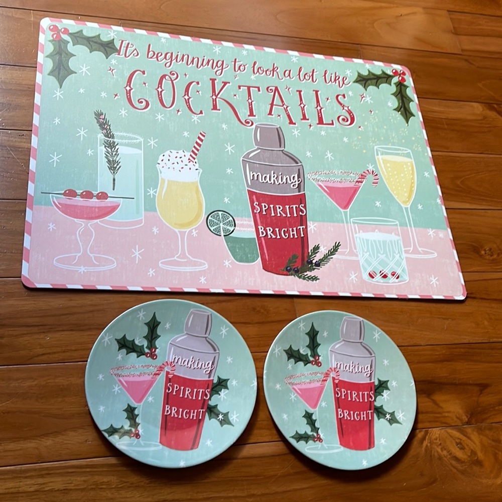 Cocktail bar service holiday vintage print placemat mat and 2 melamine plates